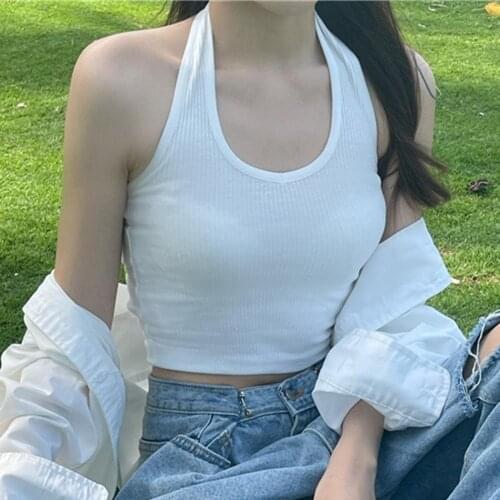 Summer Sexy Halter Ribbed Knit Sleeveless U-neck Navel Exposed Sport Top Workout Tanks Top Basic Bar party Camisole