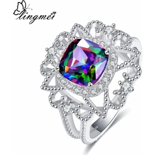 Lingmei Cluster Fashion Wedding Jewelry Princess Cut Multi & Blue & White Cubic Zircon Silver Color Ring Size 6 7 8 9
