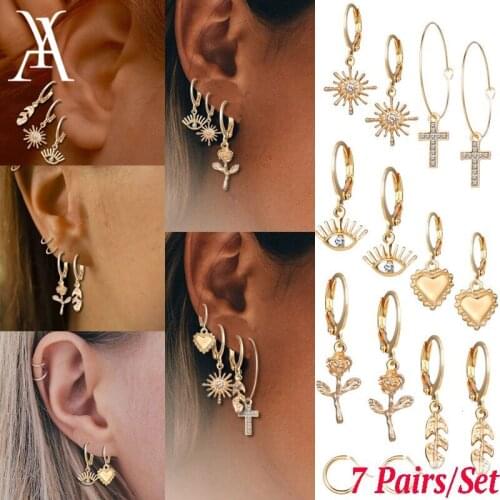 Minimalist Thin Huggie Earrings for Women Mixed Cross Rose Flower Feather Eyes Small Hoop Earrings