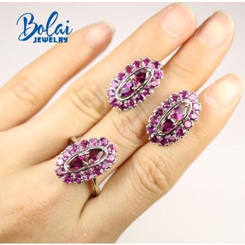 Bolaijewelry,925 sterling silver fashion natural rhodolite ring and earring set,for anniversary, party wear fine jewelry