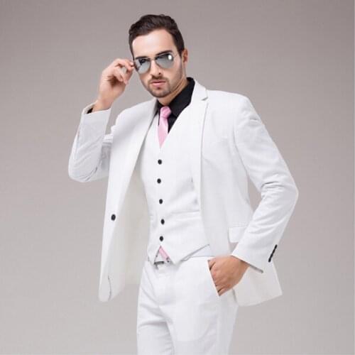 White Luxury Mens Slim Fit Suit Single Breasted Business Men Suit Wedding Groomsmen Tuxedo 3 Pieces Suits Set Jacket Vest Pants