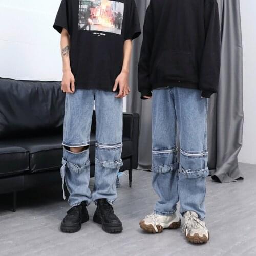 Detachable Zipped Jeans Men Hip Hop Denim Pants Punk Rock Jeans Couple Streetwear Straight Trouesters