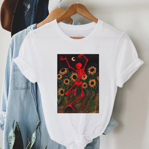 Dancing Skeleton In Sunflowers Colored T-shirt Aesthetic Hippie Goth Tops Tees Vintage Women Graphic Grunge Boho Tshirt