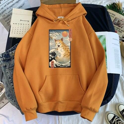 Ukiyo e Cat Cute Cartoon Print Mens Hoodies Personality New Hoody Harajuku Street Sweatshirt Fleece Pullover Pocket Men Clothes