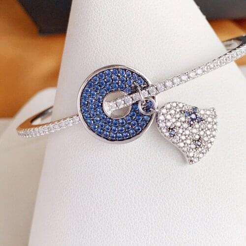 UMGODLY Luxury Brand Navy Blue Disc and White Bell Bangle Cubic Zirconia Open Cuff Wind Chimes Bracelet for Women Jewelry
