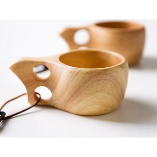 Japanese-style Wooden Cup Portable Coffee Mug Rubber Wood Handle Handmade Craft Reusable Teacup for Water Juice Milk 9.2oz 270ml