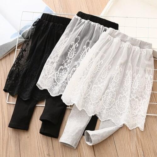 2021 Spring Autumn Korea 2 3 4 6 8 10 Year Children Full Length Culottes Lace Embroidery Leggings With Skirt For Baby Kids Girls