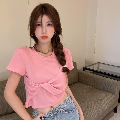 Tees Woman Tshirts O-neck Crop Top Pink Summer Casual Preppy Style Ladies Fashion Korean Clothes Folds Pink Blue Female New