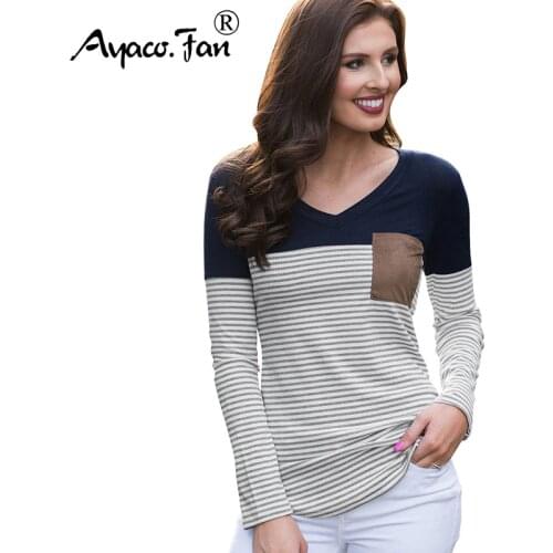 2019 Autumn Spring New Cotton T-Shirt Women Casual Striped Patchwork Tee Shirt Female Long Sleeve Tops Tees V-Neck T-shirt Women