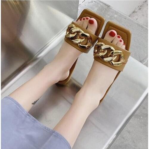 Hot Sale Women Slippers Causal Ladies Square Toe Flat Slides Fashion Metal Decoration Open Toe Beach Zapatillas Mujer Casa