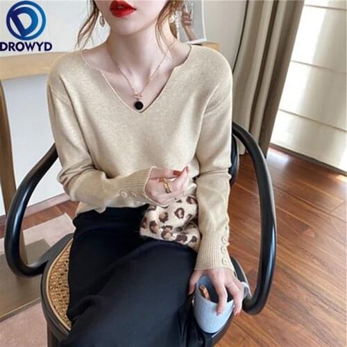 Gentle Wind Sweater Autumn Winter New Womens V-Neck Sweater Loose Wear 2021 New Solid Color Pullovers Simple Knitted Sweater