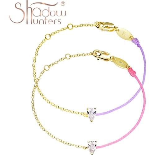 SHADOWHUNTERS 925 Sterling Silver Pure Pink String Yellow Gold Bracelet With Pear Shape Charm Thin Bracelet Women Trendy Jewelry