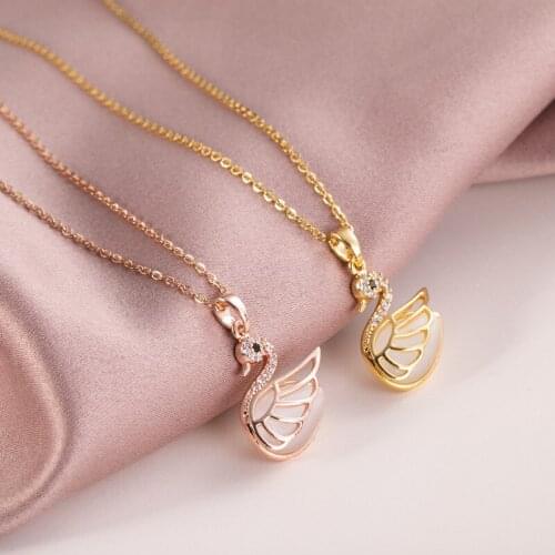 Classic Design Opal Swan Zircon Pendant Necklaces For Women Girls Animal Copper Charms Stainless Steel Chain Choker Jewelry
