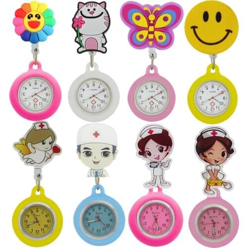 10pcs/lot Creative Personal Nurse Doctor Cartoon animal flowers Retractable pocket watches hospital medical clip hang gift watch