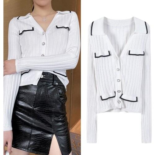 2021 Spring Autumn Women Sweater Cardigans Knit Crop Tops White V-Neck Long Sleeve Casual England Style Vintage Korean Clothes