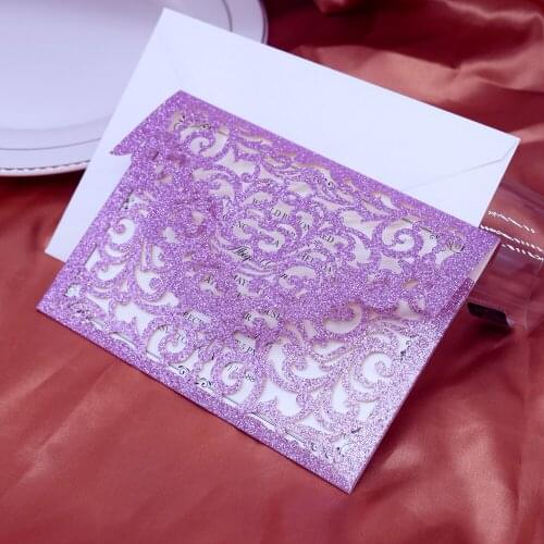 50pcs Purple Gold Silver Red Champagne Glitter Laser Cut Wedding Invitations with Envelope, Custom Printable Quinceanera Invites