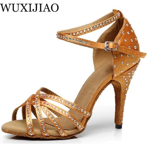 WUXIJIAO Satin Latin dancing shoes Womens Rhinestone companionship shoes Salsa Party Ballroom dancing shoes heel 5cm-10 cm