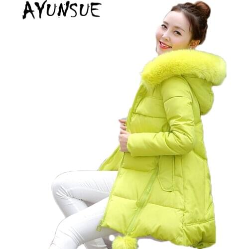 AYUNSUE Wadded Jacket 2021 Hood Fur Ball Long Thick Winter Coats Women Faux Fur Winter Jacket Women Parkas Plus Size M-3XL LX147