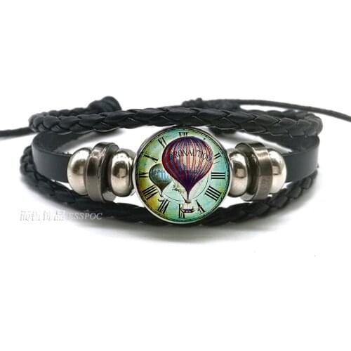 Hot Air Balloon Bracelet Men Women Punk Wrap Black Rope Leather Bracelet Steampunk Jewelry