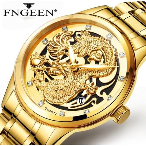 FNGEEN Fashion Casual Watch For Men Waterproof Business Quartz Watches Luxury Brand Rhinestone Dragon Clock Relojes Hombre