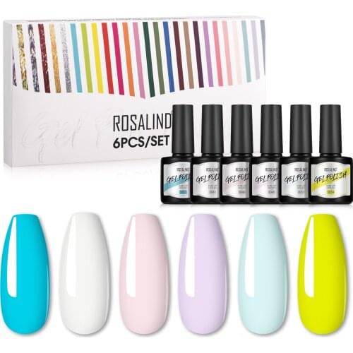 ROSALIND 6PCS/SET Gel Polish Nail Art Semi Permanent Hybrid Varnishes Soak Off Gel Need Base Top Coat 8ml Pure ColorFor Manicure