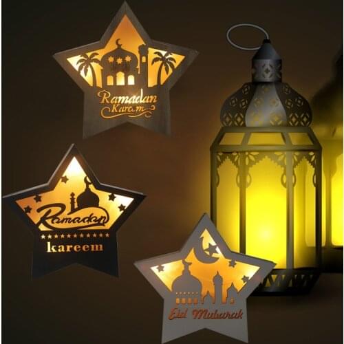 Hot Ramadan Eid Mubarak Decorations For Home Moon Pentagram LED Light Wooden Plaque Islam Muslim Event Party Ramadan Decoration