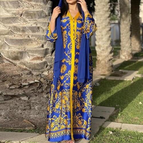 Arab Womens Muslim Robe Middle East 2021 Summer New Fashion Printing Oversize Loose Casual V-neck Long Sleeve