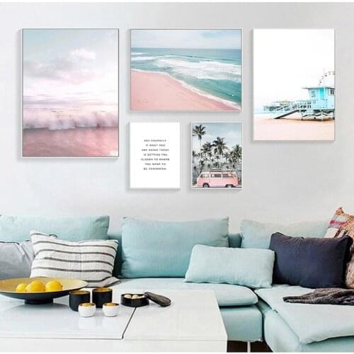 Painting Decoration Picture Scandinavian Home Decor Ocean Landscape Canvas Poster Nordic Style Beach Pink Bus Wall Art Print