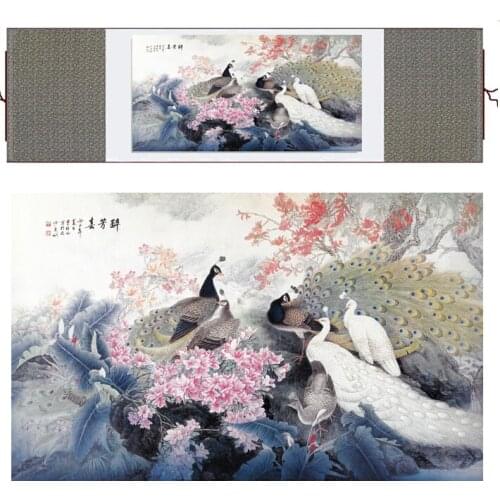 Chinese traditional art painting birds in the water silk scroll painting peacock paintingPrinted painting