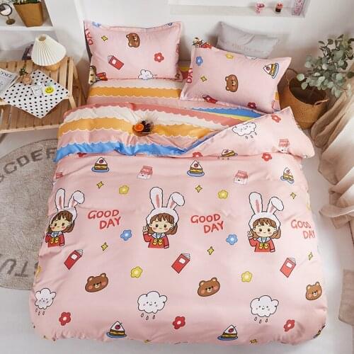 Cute Cartoon Bedding Set Children Girls Nordic Pink Duvet Cover Set Single Double Queen King 220x240 Cat Floral Bed Linen Covers