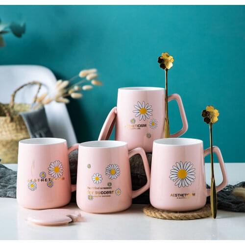 400ml Creative Planet Daisy Pattern Ceramics Mug With Lid And Spoon Coffee Milk Tea Mugs Breakfast Cup Drinkware Novelty Gifts