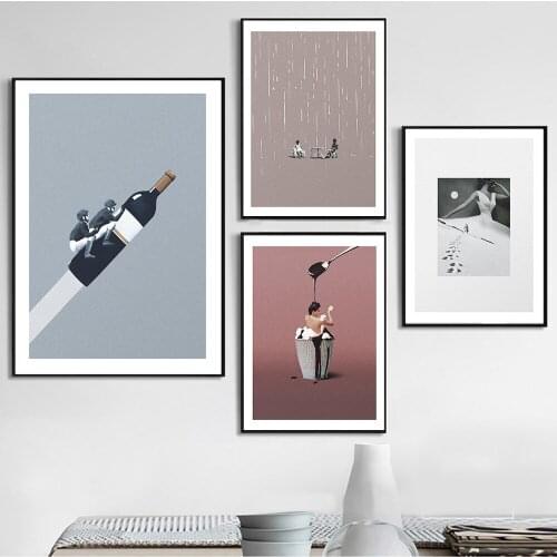 Creative Wine Bottle Racket Wall Art Abstract Posters Surreal Style Self-adhesive Wall Stickers Bedroom Decoration for Home