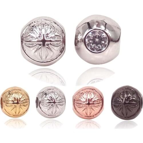 Gold Color Fleur De Lis Round Beads Micro Pave cz Charms Beads For Macrame Bracelet DIY End Bead 6mm