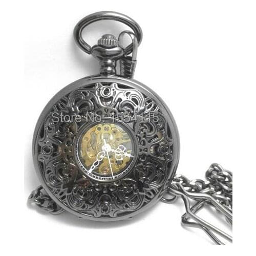 10pcs/lot DHL Free Shipping Black Hollowed Carved Flower High Quality Mechanical Pocket Watch Flip Roman Dial Pocket Watch