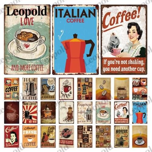 Metal Poster Coffee Series Tea Cup Image English Alphabet Spray Paint Kitchen Tea Shop Bar Home Wall Retro Decoration