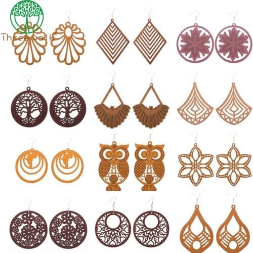 Wholesale Price Good Quality Wood Earrings Organic brown Hollow African Woman Wooden Brincos
