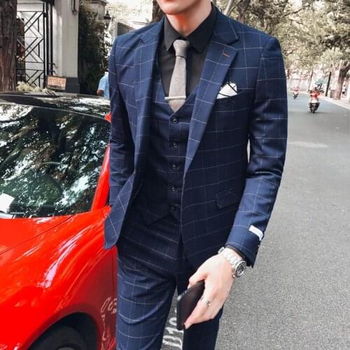 Jackets + Vest + Pants / Blazer Vest Pants Boutique Fashion Plaid Mens Business Casual Suit 3 Pcs Set Groom Wedding Dress Suits