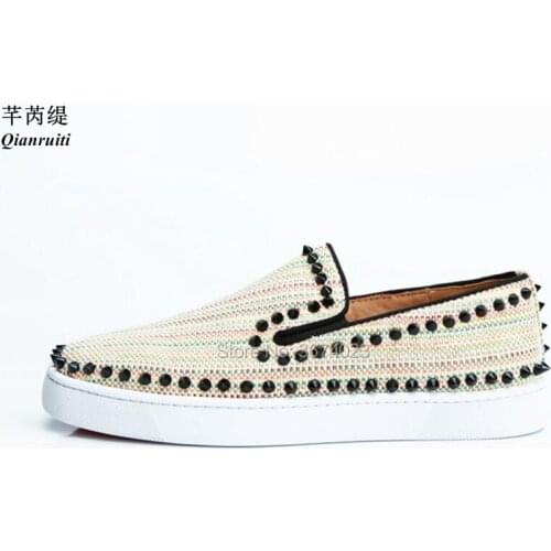 Qianruiti Men Canvas Shoes Mixed Color Stripe Flats Round Toe Loafers Slip-on Rivets Casual Shoes Comfortable Sneakers Men