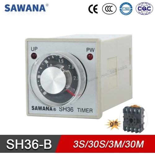 Timer Relay AC220V 110V 380V DC 24V SH36-B 0.25-3s/30s/3m/30m On Delay Time Relay 8 Pins Socket Base SPDT Relays