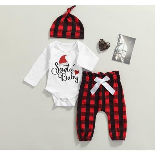 Christmas Infant Baby Girls Boys Outfit Long Sleeve Romper Top+Plaid Pants Hats Clothing Sets Kids Boys Suit Clothes 0-18M