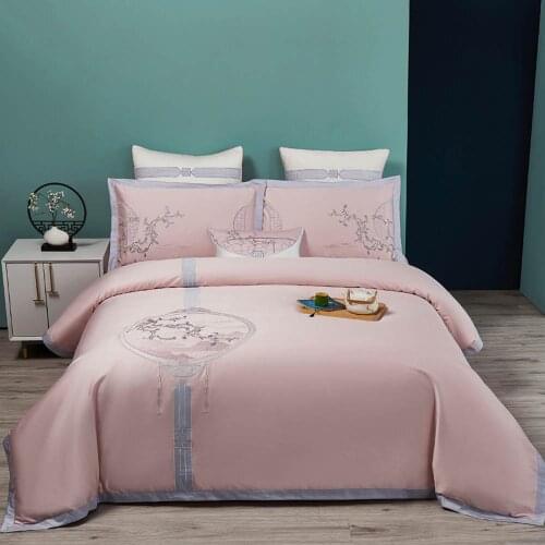 Svetanya Pink Chinese Painting Egyptian Cotton Queen King Bedding Set Embroidered Linens Flat Sheet Pillowcase Duvet Cover