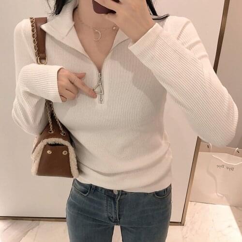 Shintimes Zipper Chic Turtleneck Soft Knit Sweater Women Korean 2020 Autumn Slim Tops Casual Long Sleeve Woman Sweaters Jumpers