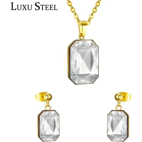 LUXUSTEEL cubic zirconia jewellery sets Female Accessories Stainless Steel Geometry Pendant Necklace Earring Fashion Jewelry