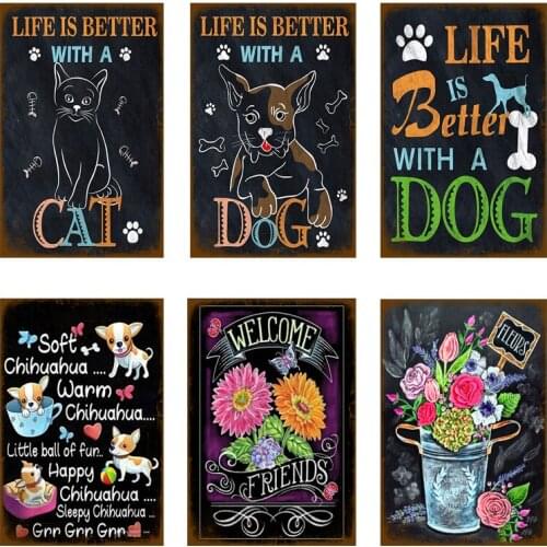 Funny Black Cat Dog Pet Animal Cactus Flower Cartoon Metal Tin Sign Vintage Poster Decorative Wall Plate Plaque Retro Home Decor