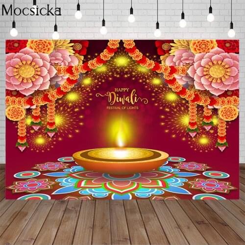Mocsicka Happy Diwali Backdrop Red Gold Flower Festival of Lights Photography Backdrops Party Decoration Banner Photo Background