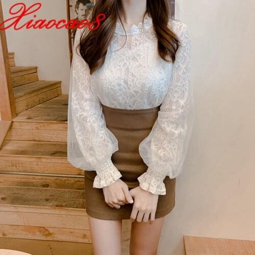 Women White Lace Blouse 2021 Spring Woman Long Sleeve Elegant Shirts Clothing Female Winter Thick Plush Bottoming Shirt
