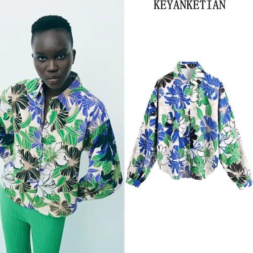KEYANKETIAN Za womens blouse flower blouse womens retro print long puff sleeve womens fashion streetwear collar button shirt