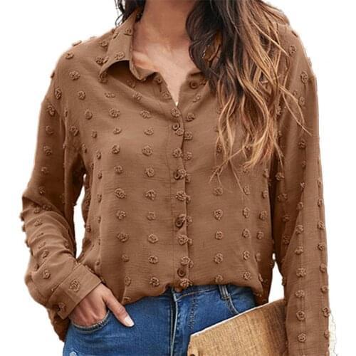 New Solid Color Turn-down Collar Women Shirt Dot Print Button Closure LongSleeve Office Loose Women Casual Shirt Ladies Clothing
