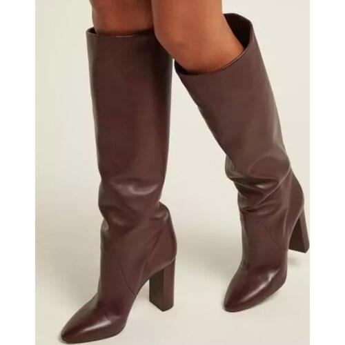 Woman Black Brown Matte Leather High Block Heels Long Boots Wide Calf Customized Runway Fashion Ladies Knee High Boots Shoes