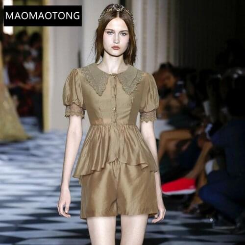 Fashion Designer Set Summer Women Embroidery Short sleeve Single Breasted Ruffle Blouses and Shorts Two-piece suit